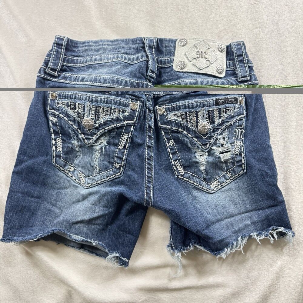 Miss Me Jeans Shorts Women's 26 ALTERED* Raw Hem Denim Embellished Blue Skinny - Picture 2 of 16